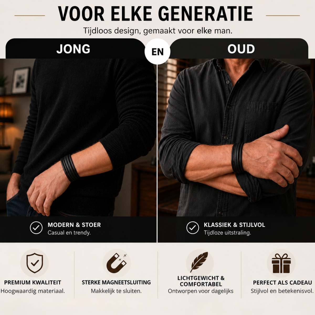 Zwarte leren heren armband – vegan leer – gevlochten design – magneetsluiting