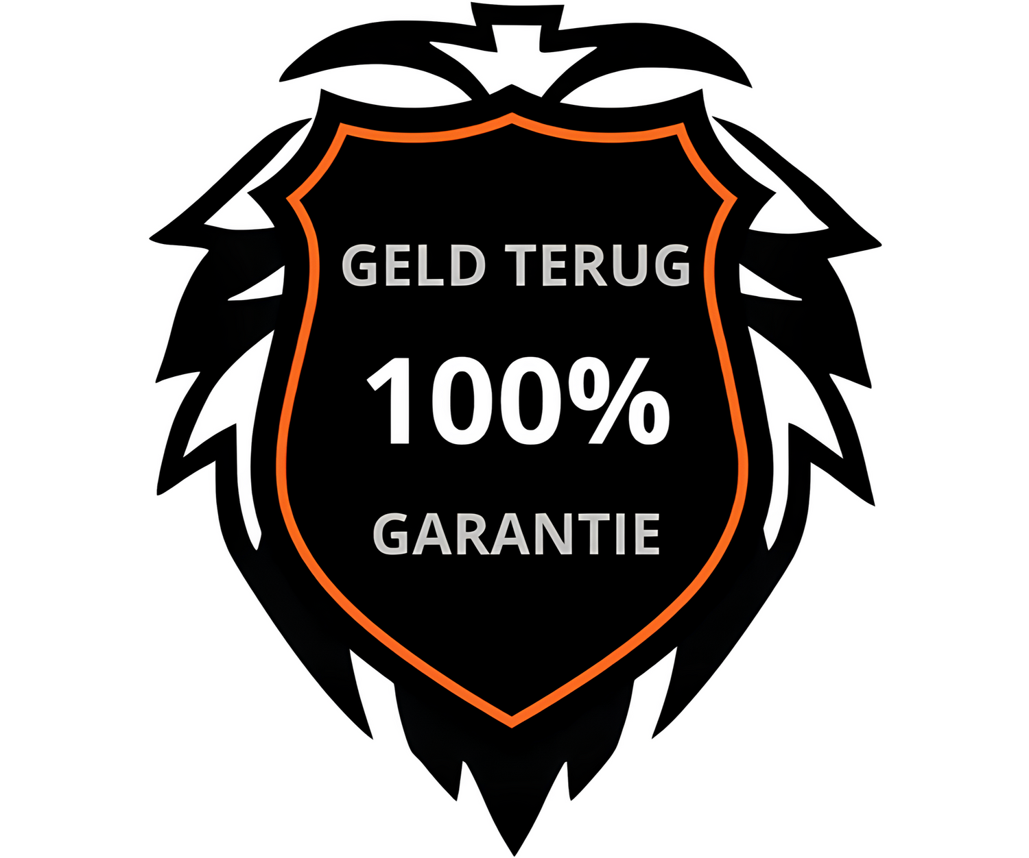 Bekend 100% geld-terug-garantie embleem met leeuw met manen – kwaliteitskeurmerk