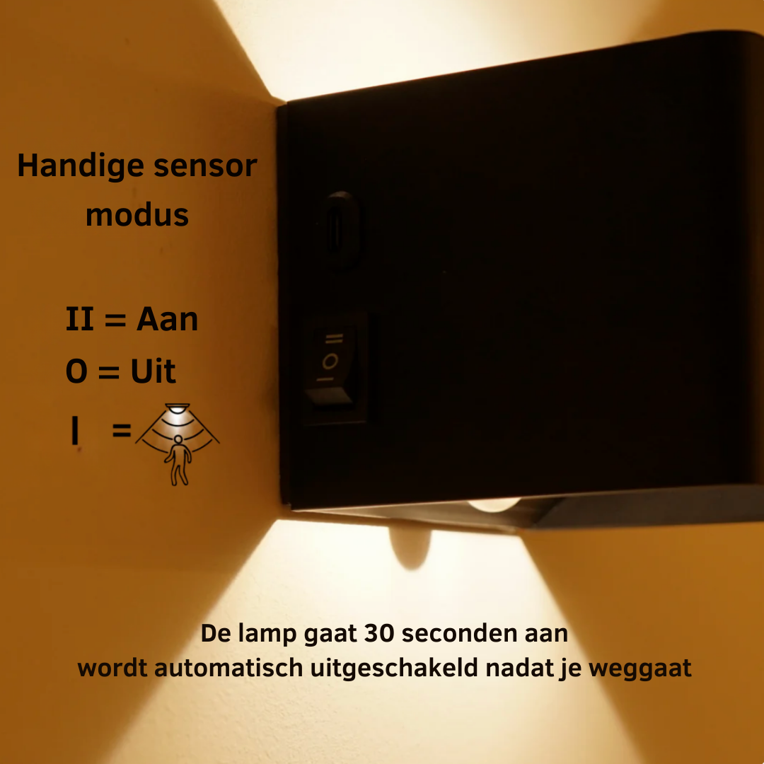 Close-up van knop op draadloze Gigandia wandlamp – kies tussen constante verlichting en sensorstand