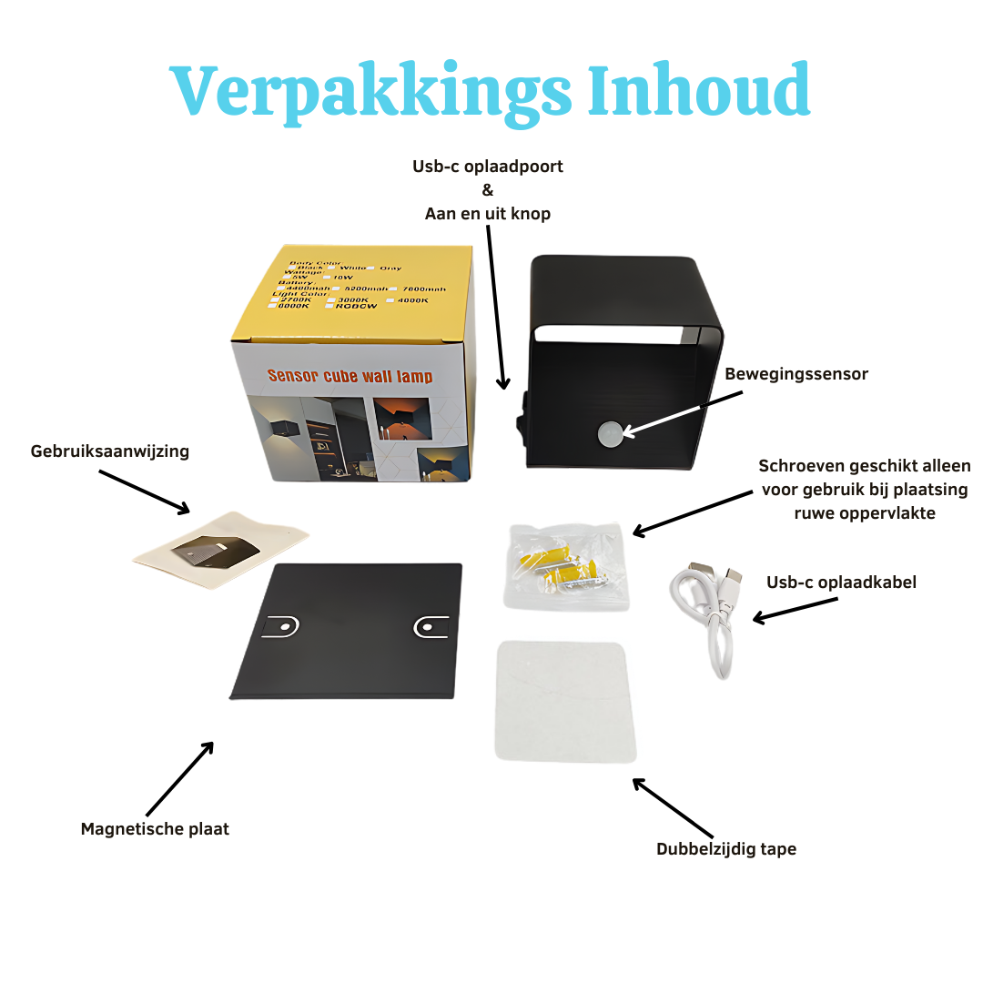 Inhoud verpakking + Gigandia + wandlamp + draadloos, oplaadbaar, accessoires