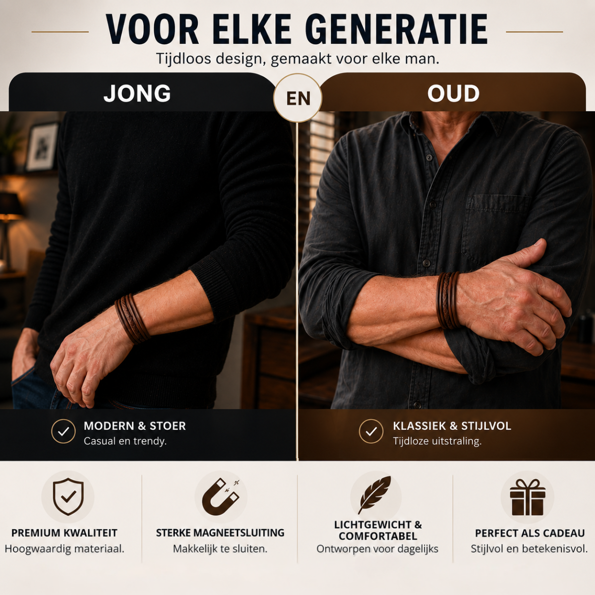 Bruine leren heren armband – vegan leer – gevlochten design – magneetsluiting