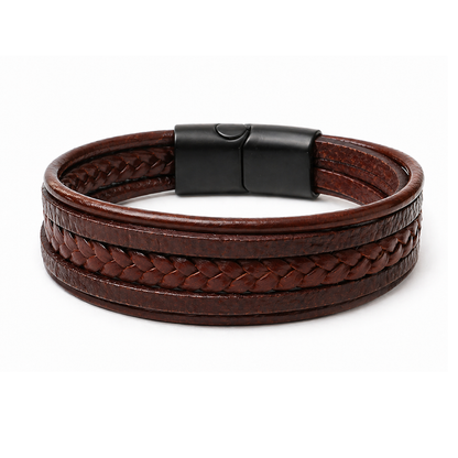 Bruine leren heren armband – vegan leer – gevlochten design – magneetsluiting