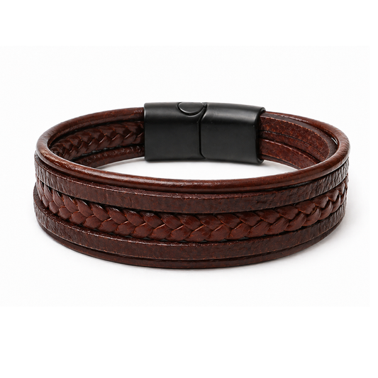 Bruine leren heren armband – vegan leer – gevlochten design – magneetsluiting
