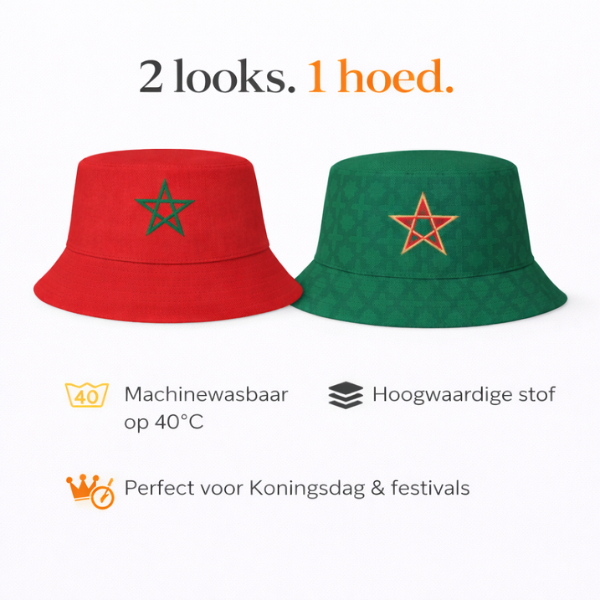 Marokkaanse Bucket Hat – Omkeerbaar Supportershoedje Marokko – Rood Groen met Ster – WK, EK, Voetbal, Festival & Evenementen