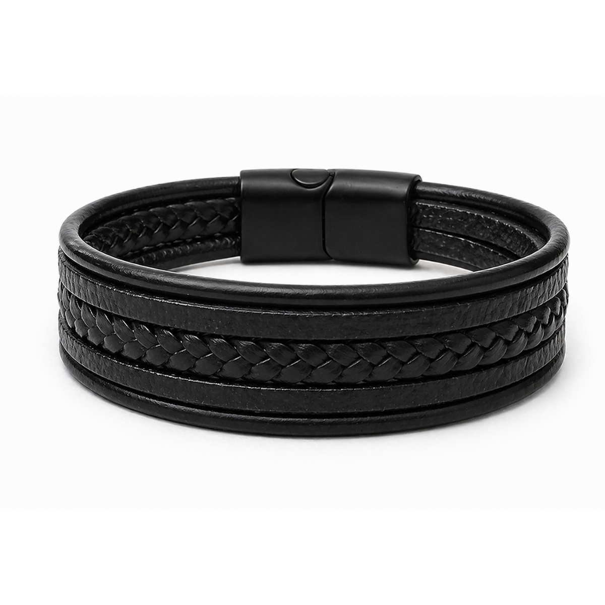 Zwarte leren heren armband – vegan leer – gevlochten design – magneetsluiting