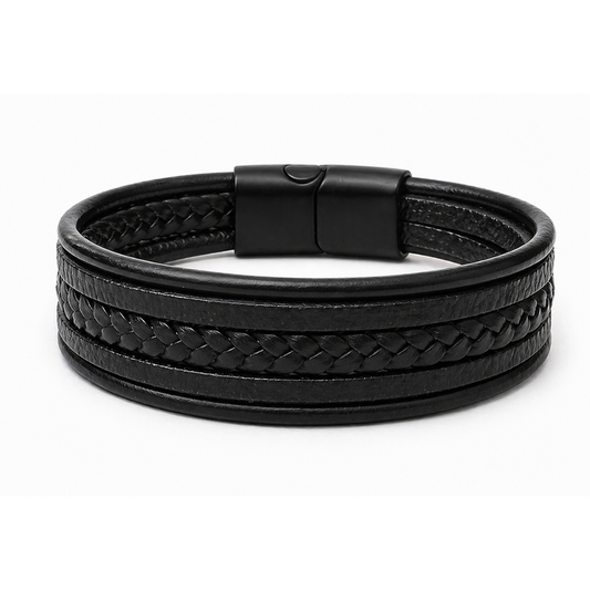 Zwarte leren heren armband – vegan leer – gevlochten design – magneetsluiting