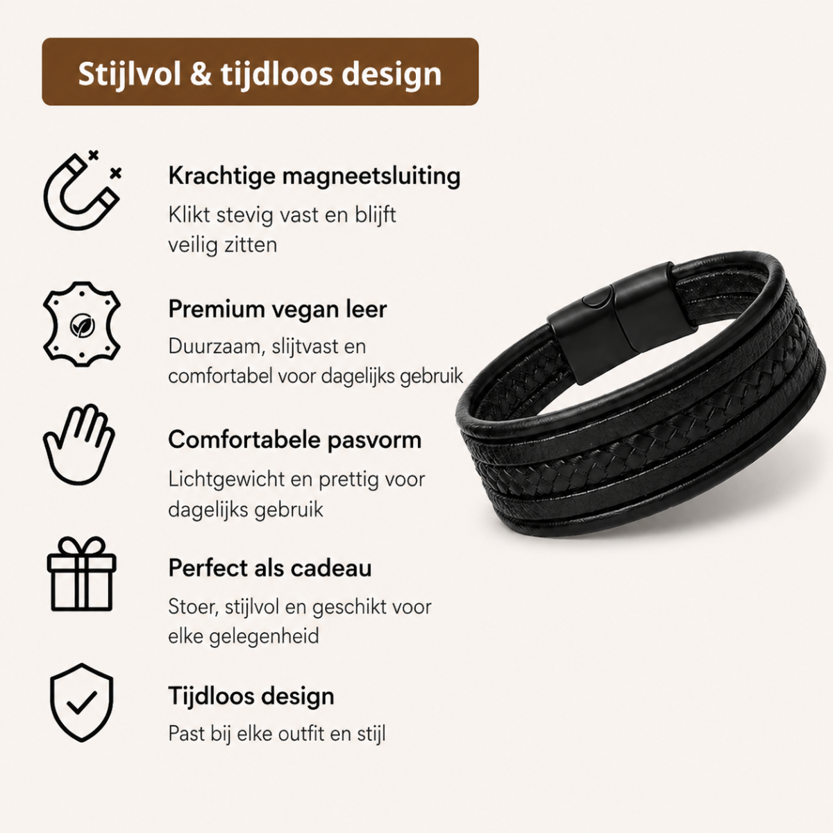 Zwarte leren heren armband – vegan leer – gevlochten design – magneetsluiting