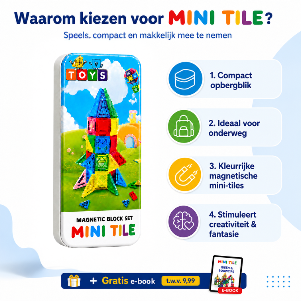 Mini Tiles + Gratis E-book – Magnetische Tegels Reisset 26 Stuks – Reisspeelgoed Auto & Vliegtuig – Montessori 3+ jaar