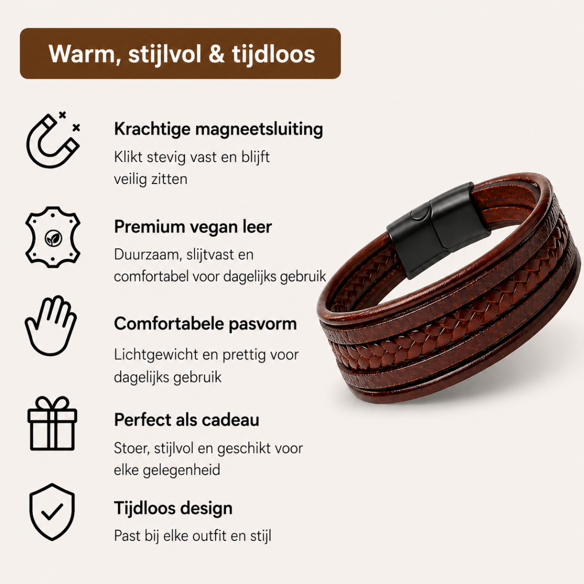 Bruine leren heren armband – vegan leer – gevlochten design – magneetsluiting