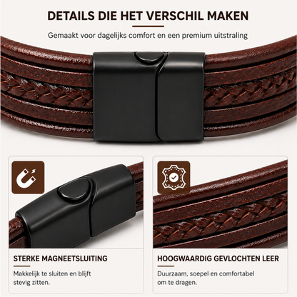 Bruine leren heren armband – vegan leer – gevlochten design – magneetsluiting