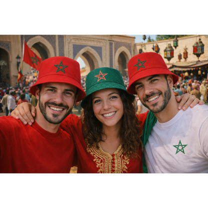 Marokkaanse Bucket Hat – Omkeerbaar Supportershoedje Marokko – Rood Groen met Ster – WK, EK, Voetbal, Festival & Evenementen