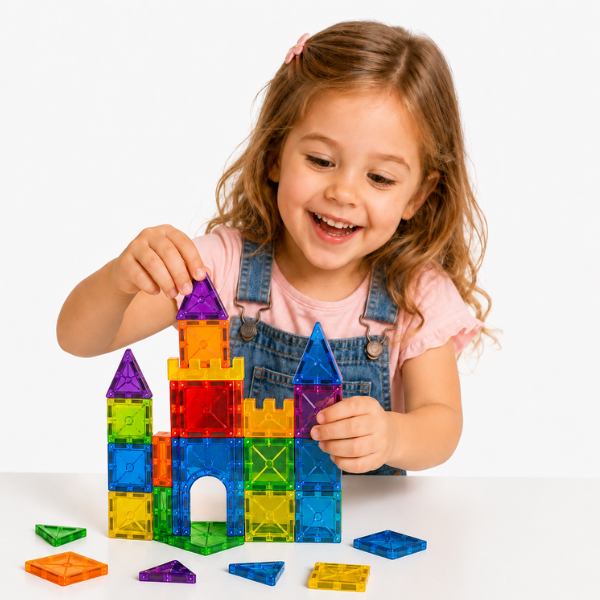 Mini Tiles + Gratis E-book – Magnetische Tegels Reisset 26 Stuks – Reisspeelgoed Auto & Vliegtuig – Montessori 3+ jaar
