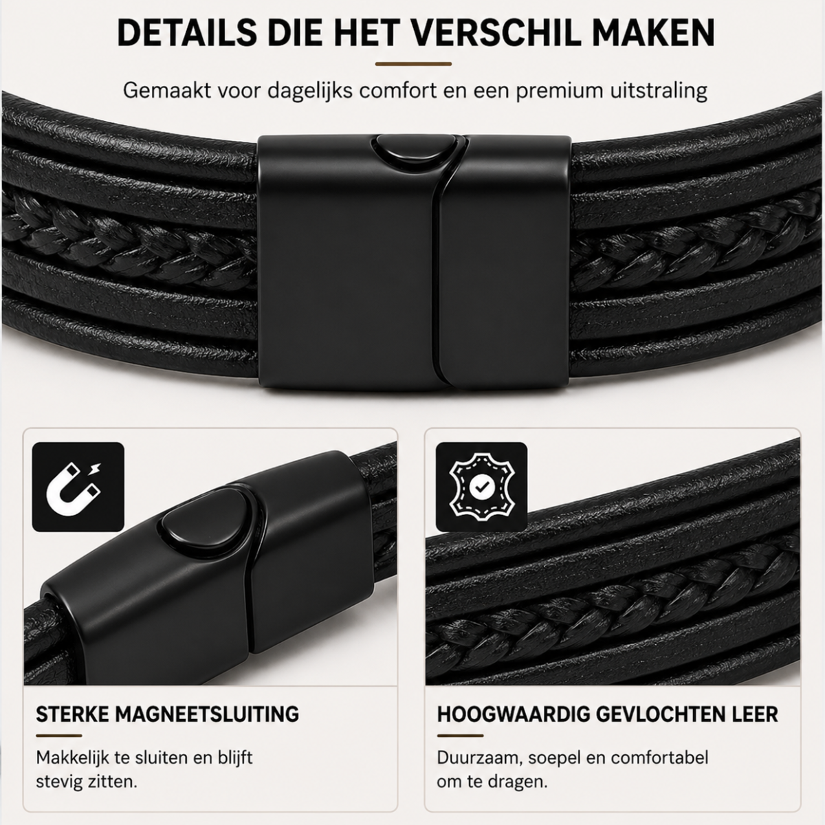 Zwarte leren heren armband – vegan leer – gevlochten design – magneetsluiting