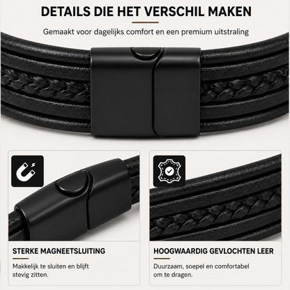 Zwarte leren heren armband – vegan leer – gevlochten design – magneetsluiting