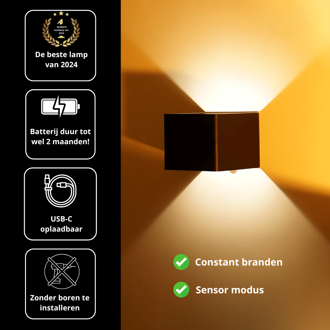 Draadloze binnen wandlamp met bewegingssensor – zonder boren - Zwart - van Gigandia | Gigandia