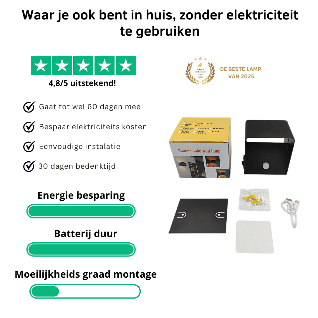 Draadloze binnen wandlamp met bewegingssensor – zonder boren - Zwart - van Gigandia | Gigandia